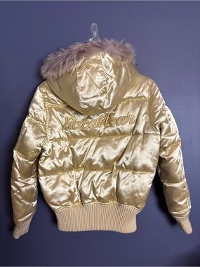 Vintage 90's Y2K RocaWear Gold Shiny Down Puffer Coat Jacket Fur Hood Medium